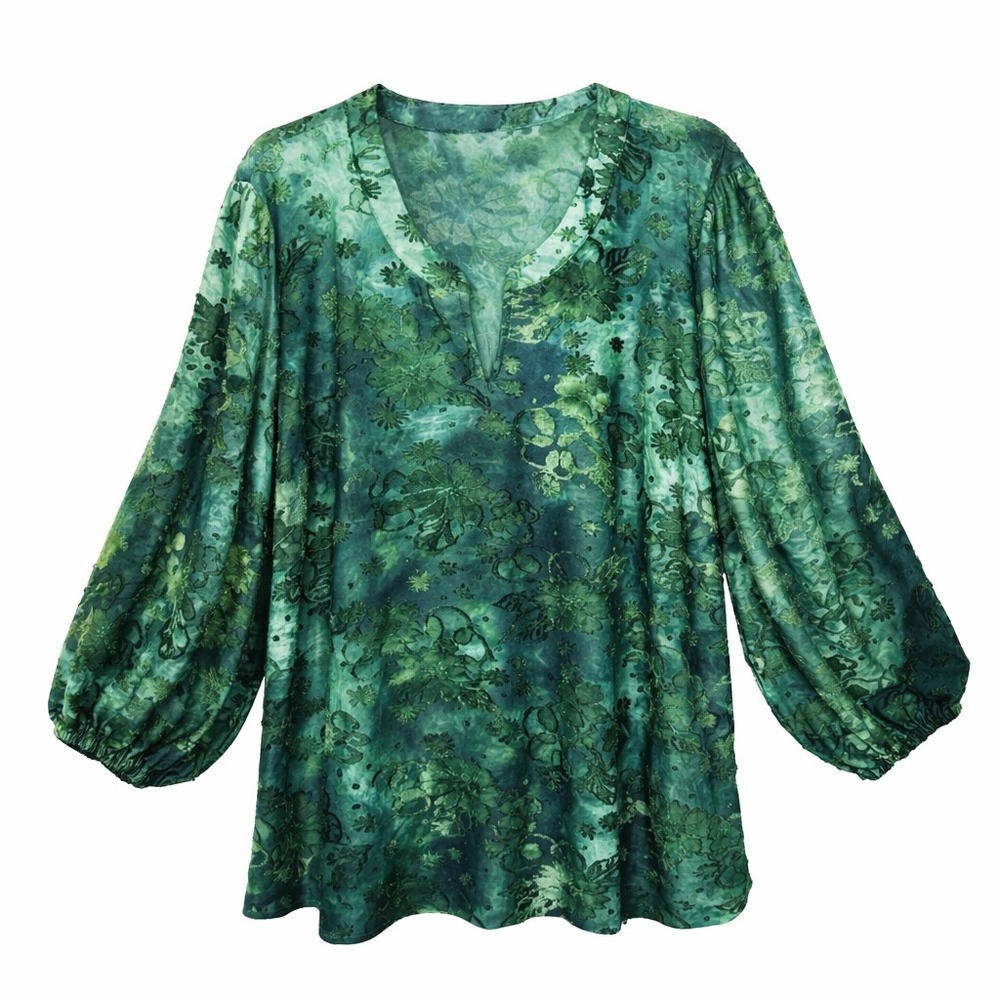 Calessa Green Floral Burnout Velvet Balloon Sleeve Tunic Top Plus Size 2X